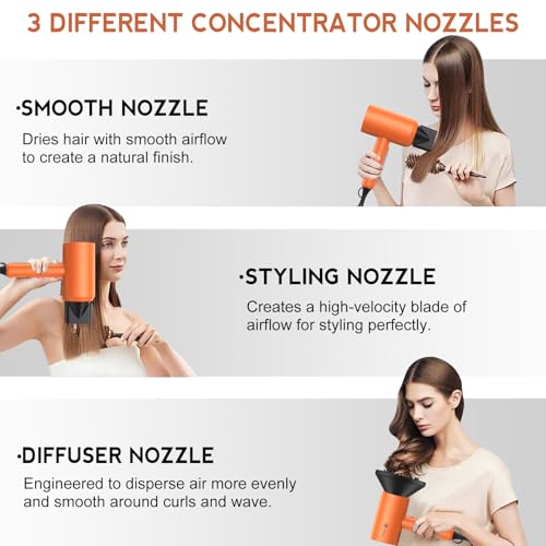 Image of Slopehill Professional Ionic Hair Dryer, Powerful 1800W Fast Drying Low Noise Blow Dryer with 2 Concentrator Nozzle 1 Diffuser Attachments for Home Salon Travel (Cosmic Orange)
