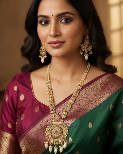 Image of Mansiyaorange South Indian Temple Style Long Pearl Rani Haar with Floral Necklace & Earrings | Traditional Gold Plated Kempu Kundan Stone Jewelry Set for Women