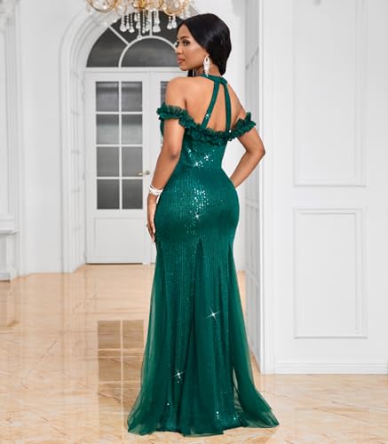 Image of Cololura Women Sexy Sequin Halter Neck Short Sleeve Mesh Perspective Party Bodycon Evening Cocktail Maxi Dress
