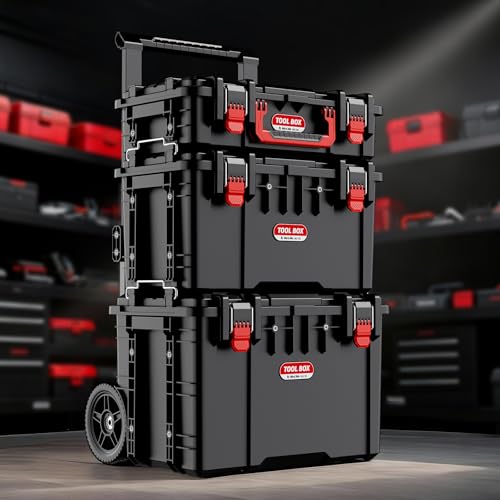 Image of JEKO&JEKO 3-Piece Rolling Modular Tool Box System with Large Rolling Tool Box & Small Parts Organizer for Garage Storage, DIY Projects, Professional Use & Home Repairs
