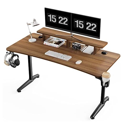 EUREKA ERGONOMIC 60 Inch Computer Desk with Monitor Stand, Sturdy Curved Edge Home Office Desk with Full Mouse Pad, Large Gaming Studio Table for 3 Monitors with Cup Holder and Headphone Hook, Walnut