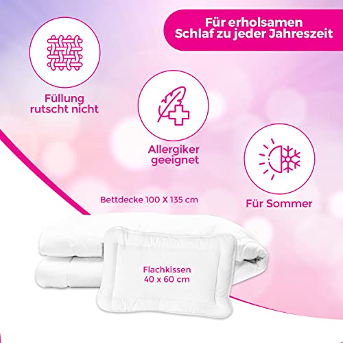 KiGATEX Kinder Sommerdecke mit Kissen – Oeko-Tex Zertifiziert – niedliches Hündchen Motiv – atmungsaktiv & waschbar -95°C – Allergiker geeignet - Decke 100x135 cm - Kissen 40x60 cm