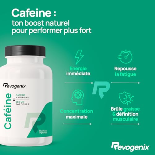 Caféine Pure 200 mg par Gélule | Energie et Concentration | Améliore Endurance et Performances Sportives | Pre-Workout | Brûleur de Graisses Action Thermogénique | 90 Gélules Vegan | Revogenix – Image 3