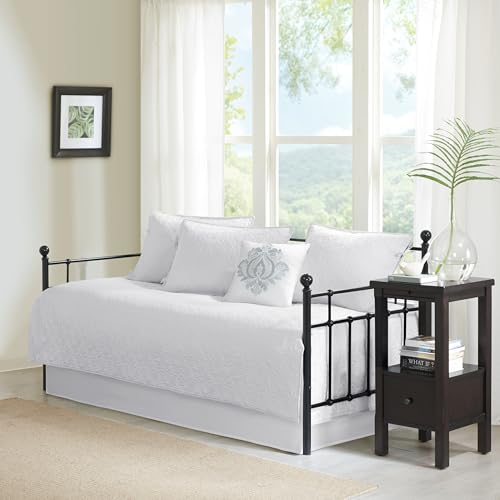 Madison Park Cotton Daybed Cover Set-Double Sided Quilting Classic Cottage Design All Season Bedding with Bedskirt, Matching Shams, Decorative Pillow, 75"x39", Quebec White 6 Piece