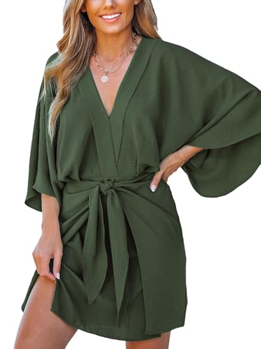 CUPSHE Women\'s V Neck Summer Dress 3/4 Kimono Sleeve Self Tie Pleated Loose Slit Mini Casual Dress Olive Green, M