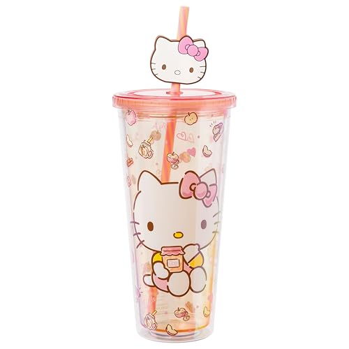 Silver Buffalo Sanrio Hello Kitty Apples and Cinnamon Plastic Cold Cup with Lid and Topper Straw, 24 Ounces