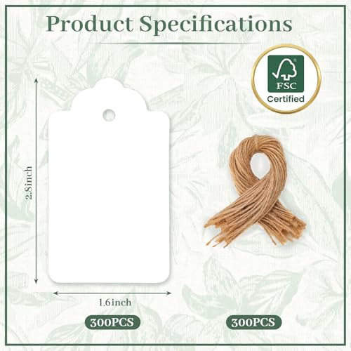 Image of SallyFashion 300PCS Gift Tags with String Attached, 1.6 x 2.8 inch Kraft Paper Hang Tags for Clothes DIY Crafts Wedding Holiday (White)