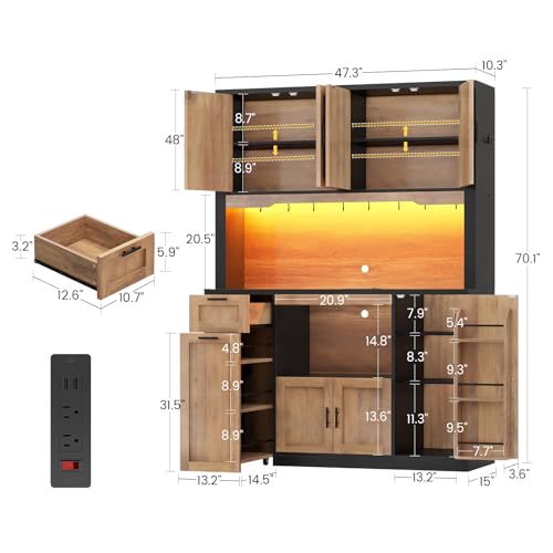 Itaar 71\" Pantry Cabinet with Charging Station and LED Light, Kitchen Pantry Cabinet with Microwave Stand, 47.2\" Wide Kitchen Storage Cabinets with Storage Cart 3 Tier for Dining Room (Brown)