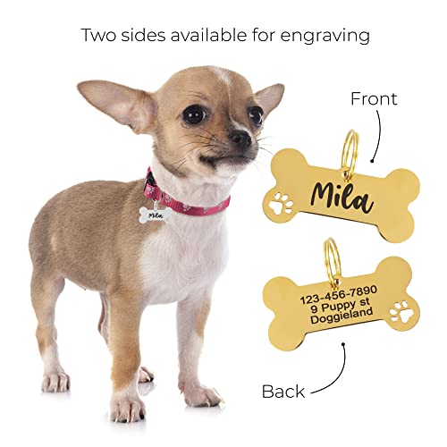 Custom Pet Id Tag, Personalized Cute Silver & Gold Bone & Hollowed Paw Shaped Collar Pendant Engraved Dog Name, Label, Address & Phone, Stainless Steel Shiny Puppies Tags Customizable On Both Sides #TOP1