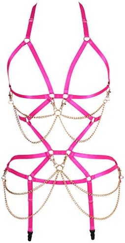Women Body Harness Set Carnival Garter Belt Set Elastic Hollow Top Bra Punk Gothic Dance Costume (Rose Red)