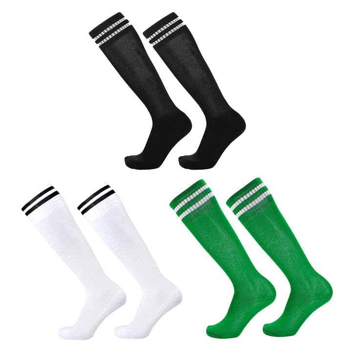 SKHAOVS 3 Pares Calcetines Largas de Fútbol Baloncesto para Niños, Medias de Fútbol Rugby Hockey Tenis, Calcetines de Deporte Hasta Rodilla para Niños y Niñas de 5 a 12 Años (Black,White,Green)