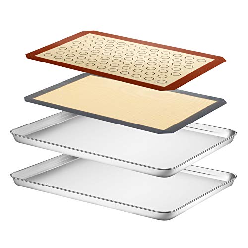 Baking Sheet With Silicone Mat Set, Yododo Set Of 4 (2 Sheets + 2 Mats), Stainless Steel Cookie Sheet Baking Pan Tray With Silicone Mat, Non Toxic & Heavy Duty & Easy Clean - Size Of 17½ Inch #TOP15