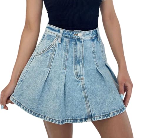 CHARTOU Women Denim Mini Skirt Y2k Preppy Style Pleated A Line Short Jean Skirt