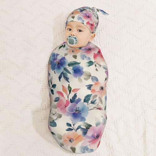 Image of Vintage Pink Blue Watercolor Floral Swaddle Blanket with Beanie Hat Set Newborn Swaddle Wrap Soft Baby Receiving Blankets Baby Swaddle Blanket for Baby Boys and Girls