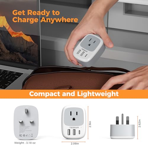 Image of UK Adapters for Travel, TESSAN US to UK Plug Adapter, Ireland Outlet Plug with 3 USB Charger (1 USB C Port), Type G Power Adaptor for USA to England Qatar Hong Kong Scotland Dubai London Kenya Irish