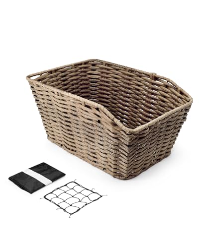 ANZOME Cestino posteriore per bicicletta in polyrattan di alta qualità, rettangolare, per bicicletta posteriore, grande, marrone, con rete di serraggio, parapioggia e fissaggio