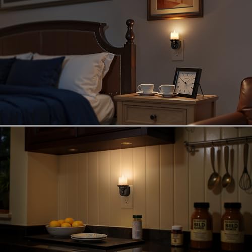 Image of Briignite Candle Night Light, Warm White Night Lights Plug into Wall 2 Pack, LED Flicker Candle Night Light with Light Sensor, 0-100LM Dimmable Nightlight for Kids Hallway Bathroom