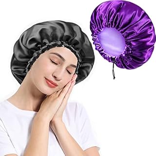 2 Pack Satin Bonnet, Adjustable Double-Sided Sleep Bonnet,Silk Hair Wrap for Sleeping, Soft Sleeping Head Cover Sleeping Hat for Women and Girls Curly Hair (black and purple)