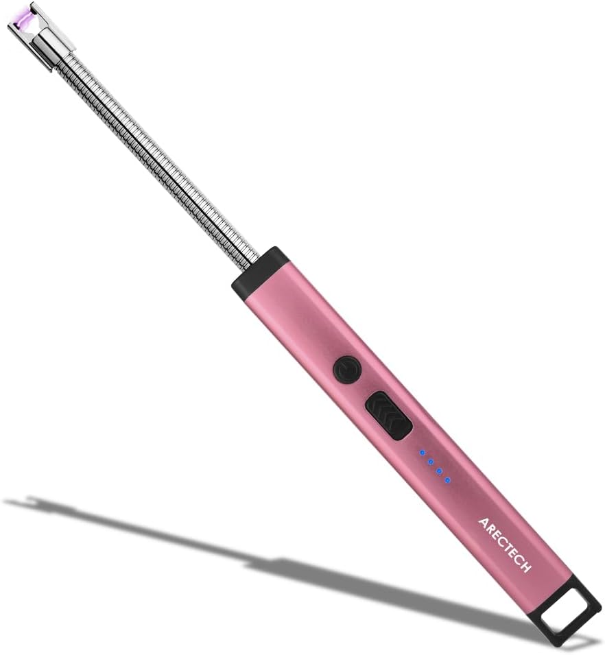 ARECTECH Candle Electric Lighter Rechargeable USB Arc Lighters for Candle Camping Fireworks Christmas Birthday Gifts with LED Light for Men Women Pink