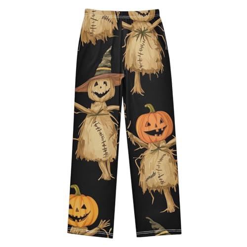 Scarecrow and Pumpkin Boys Long Pants Soft Trousers Elastic Waist Kids Lounge Bottoms with Pockets S-XL