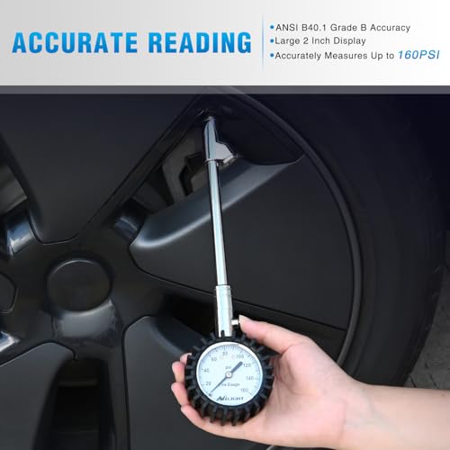 Image of Nilight Tire Pressure Gauge 160PSI Heavy Duty Stainless Steel Dual Head Air Pressure Chucks ANSI B40.1 Certified Large 2 inch Dial Wheel Checker for Truck Semi Truck ATV Motorhome Cars & RV Accessories