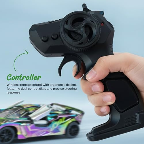 Image of joybox Remote Control Racing Car, 21.9 cm Length, Black and Turquoise Sports Car Design with Wireless Controller with Smoke, 8 Year +