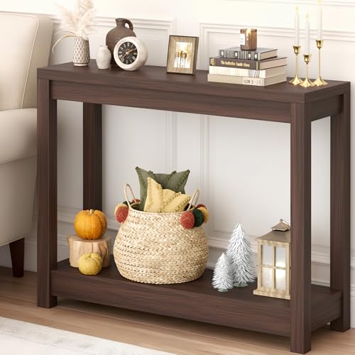iSunirm Mesa Consola de 120 cm para Recibidor y Pasillo, Mueble Entrada Estrecho Estilo Nórdico en Color Nogal, Mesa Auxiliar Larga para Detrás del Sofá, Estante de 2 Niveles para Decoración y Salón
