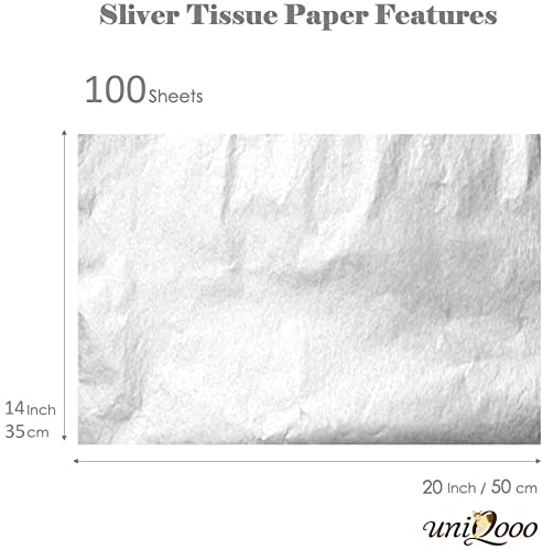 Uniqooo 100 Sheets Metallic Silver Foil Gift Tissue Paper Bulk, 20X14 Inch, Art Wrapping Paper For Gift Bag Box Packing, Wedding Birthday Party Favor, Pom Pom Piñata Tassel #TOP3