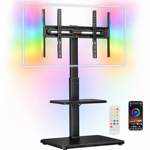 Image of Perlegear Floor TV Stand with LED Lights for 34-75 inch TVs up to 110 lbs, Max VESA 600x400mm, Swivel, Tilt, 12 Height Levels, TV Backlights with Music Sync, Solid Wood Base, PGFS21B