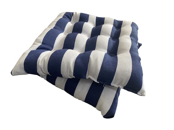 REINO MANSIDI Pack de 2 Cojines para Sillas Acolchados de Rayas 40 x 40 cm, Relleno de Algodón 5cm de Altura, Cojin de Silla Ideal para la Decoracion de Terrazas, Comedor y Jardines (Azul)