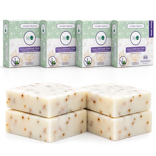 Image of 360Feel Handmade Castile Soap - Lavender Patchouli, 5 oz, 4-Pack | Handmade with Essential Oils for Soothing Scent - Suitable Gift for Anniversaries, Weddings and Holiday Stockings