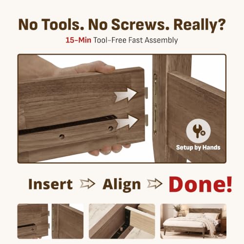 Image of Softa Venso King Solid Wood Bed Frame with Headboard, 1100 Lbs Heavy Duty Rubberwood Platform Bed, 15-Min Tool-Free Assembly, Quiet Stable Support, Japanese Japandi Design, No Box Spring Needed