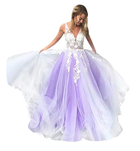 QueenBridal Women s Wedding Gown for Bride Tulle Lace Applique Long Evening Prom Dress QU197 Lavender