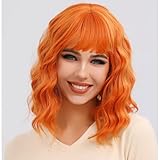 PHOENIXFLY Orange Wavy Wigs With Bangs Short Bob Wavy Wigs for Women Curly Synthetic Cosplay Wig for Girls Daily Use Colorful Wig(14 Inch) (Orange)