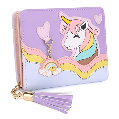 UTO Nette Geldbörse Mädchen PU Leder Portemonnaie Damen Quaste Anhänger Kartenhalter Kawaii Einhorn Muster Münze Geldbeutel für Valentinstag Muttertag Geburtstag Gedenktag Weihnachten Neujahr Lila