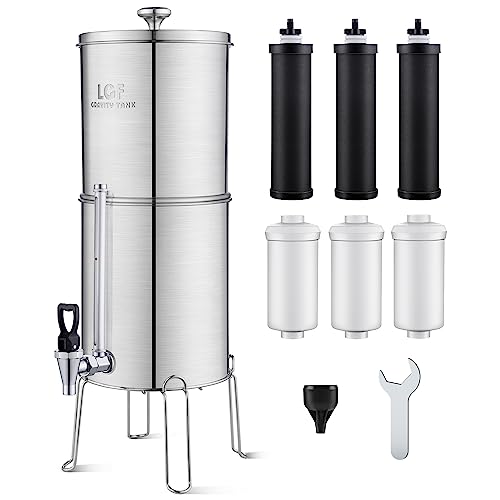 LCF Gravity-fed Water Filter System, 3 Gallons Stainless-Steel System with 6 Filters, Metal Water Level Spigot and Stand, Reduces Chlorine & Fluoride, LCF Gravity Tank Series(LCF-GT- Professional)