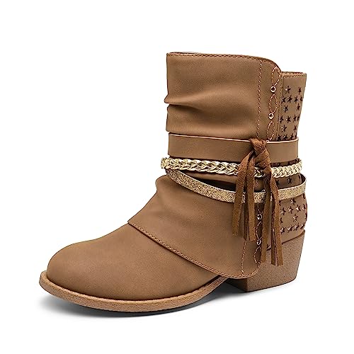 DREAM PAIRS SDBO225K-1 Girls Ankle Boots Side Zipper Low Heels Boots CAMEL/GOLD Size 4