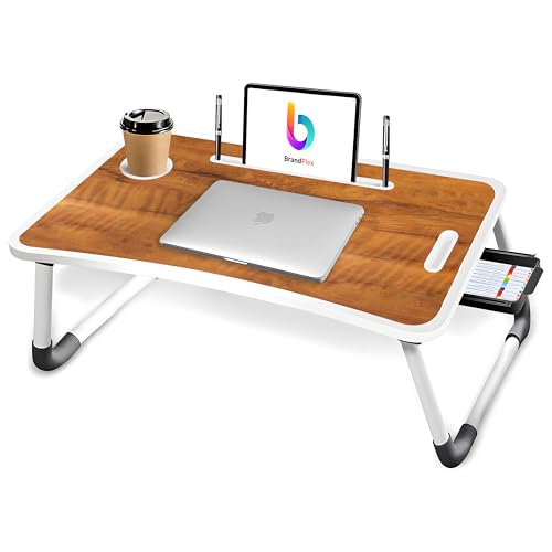 Image of CODEXIAL Technologies PVT LTD. Premium Foldable Wooden Mini Laptop Table for Bed,Smart Study Table with Drawer,Tablet /Mobile /Cup Holder for Kids & Adults (C-BIDDINGS .Wood.),59.7 cm,10 cm