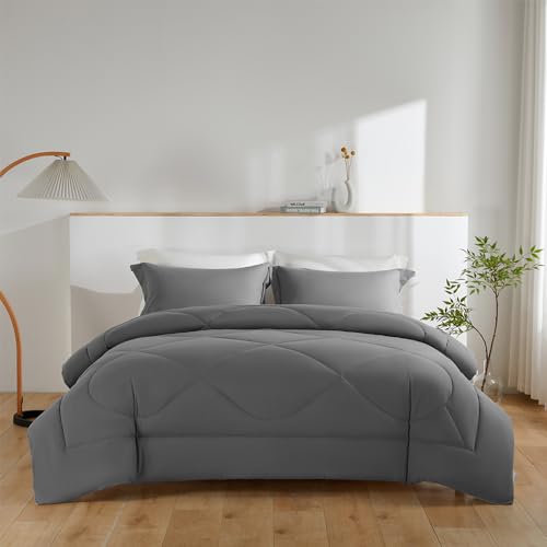 JUNCAI Coverless Duvet Double Size, 10.5T Down Alternative Duvet for All Seasons, Ultra Soft Reversible Comforter with 2 Shams, Grey & Light Grey