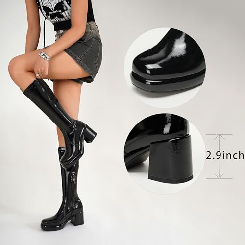 Image of LanreyTaley Elastic Women Knee High Boots Platform Chunky Heel Tall Boots Suede Dress Boots Side Zipper Stretch Boots Fall