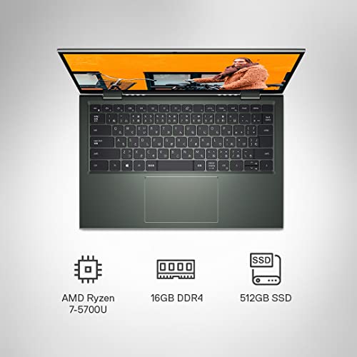 Image of Dell New Inspiron 7415 AMD Ryzen 7-5700U 14 inches Touch FHD 60Hz 2in1 Laptop, 16GB, 512Gb SSD, Windows 11 + MSO'21, Pebble Green Color, FPR + Backlit KB & Active Pen (D560635WIN9P), 1.56Kgs