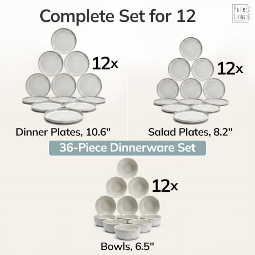 Image of 36 Piece Stoneware Dinnerware Set for 12, Handmade Plates and Bowls Set | Reactive Glaze Coating, Dishwasher & Microwave Safe Dish Set, Chip & Scratch Resistant Dishware Set, Ibiza Light Beige