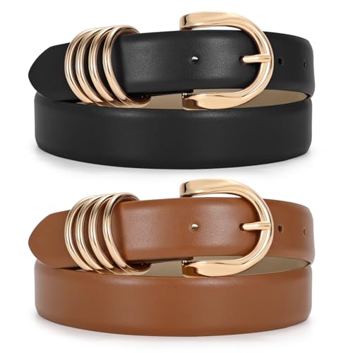 JASGOOD 2 Pack Women's Leather Belts for Jeans Pants Fashion Ladies Dress Waist Belts with Gold Buckle