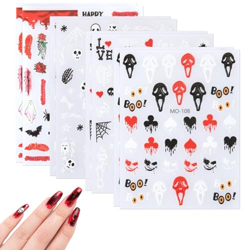8 Hojas Pegatinas de Uñas de Halloween, Pegatinas Autoadhesivas de Diseño de Uñas Esqueleto Murciélago Tela de Araña Bruja Fantasma Calcomanías de Uñas para la Fiesta de Halloween