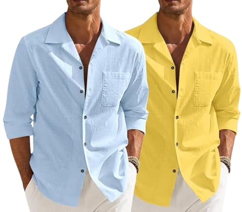 Image of Combo of Men's Casual Cotton Blend Shirt || Long Sleeve Button Down with Spread Collar | Lightweight Breathable Fabric | Stylish Solid Shirt for Beach, Office & Everyday Wear Pack of 2