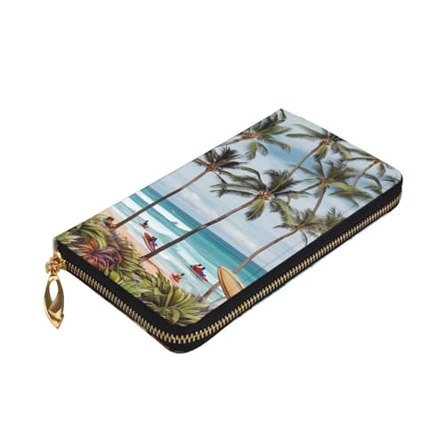 Hawaiian Surfer on Wavy Wallet for Men Women Long Purse Leather Clutch Large Business Handbag Travel Phone Holder Credit Card Holder Money Case with Zipper Leather Wallets Gift3