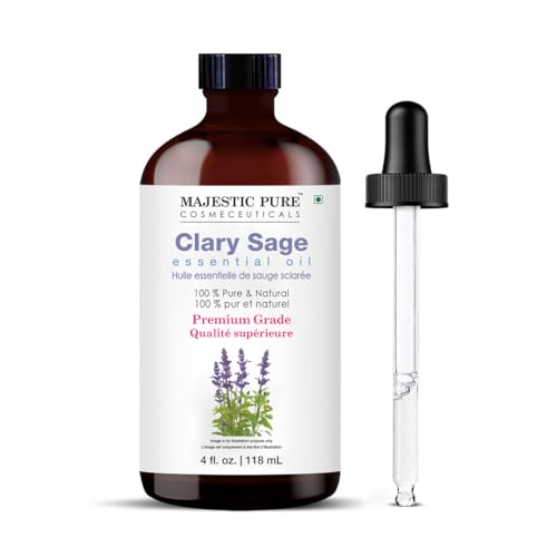 Majestic Pure Essential Oil with Glass Dropper - 100% Pure and Natural - Essential Oils for Diffuser, Aromatherapy, Soap and Candle Making, Clary Sage Essential Oil, Clary Sage Oil, 4 Fl Oz