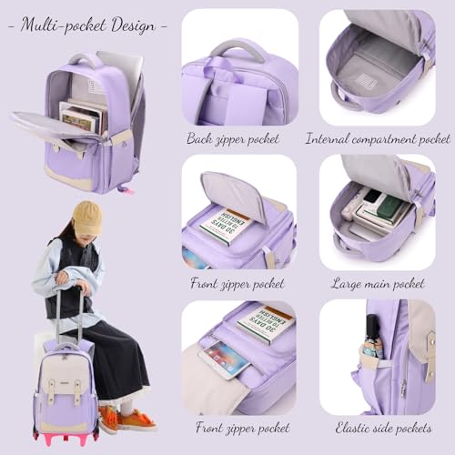 Black Rolling Backpack for Boys Roller Backpack with Wheels for Boys & Girls, Rolling Bag Trolley School Bags for Primary Students, Kids Teens Wheeled Bookbags on 6 Wheels, Black4