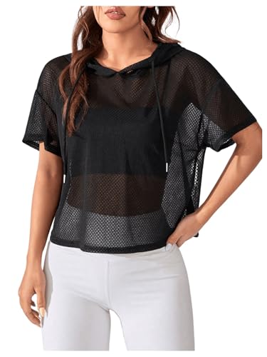 SweatyRocks Women's Short Sleeve Fishnet Hoodies Hollow Out Sports Workout Tops