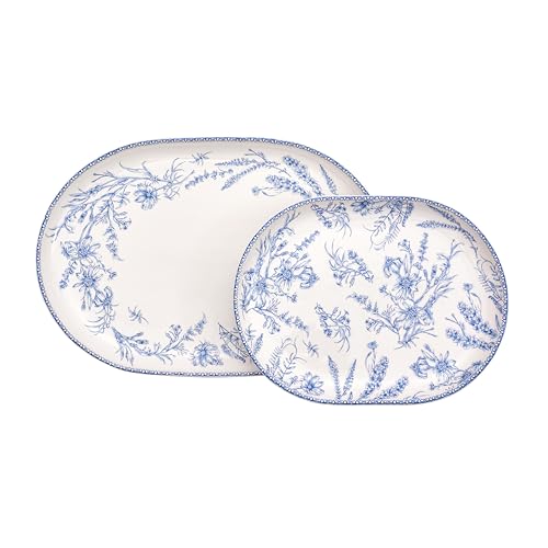 Bico Blue Garden Toile De Jouy 16 plus 12 inch Oval Platters Set, Set of 2, Microwave and Dishwasher Safe, for Serving Fish, Chicken, Turkey